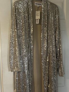 Steve Madden Silver Sequin Long Open Cardigan